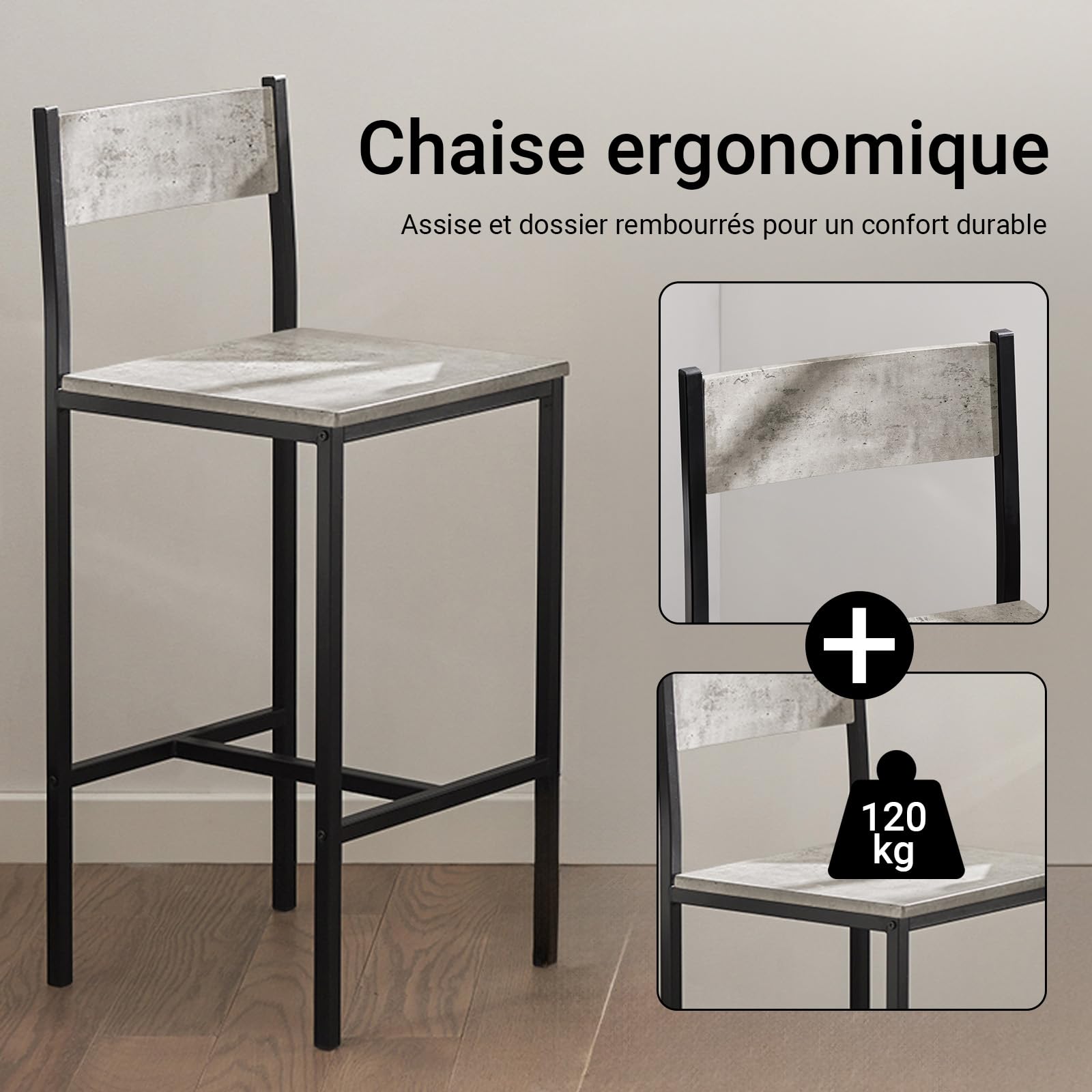 SoBuy OGT03-HG Ensemble Table Haute de Cuisine 87 cm avec 2 tabourets de Bar – Meuble Bar Compact Style Industriel Bois et Métal