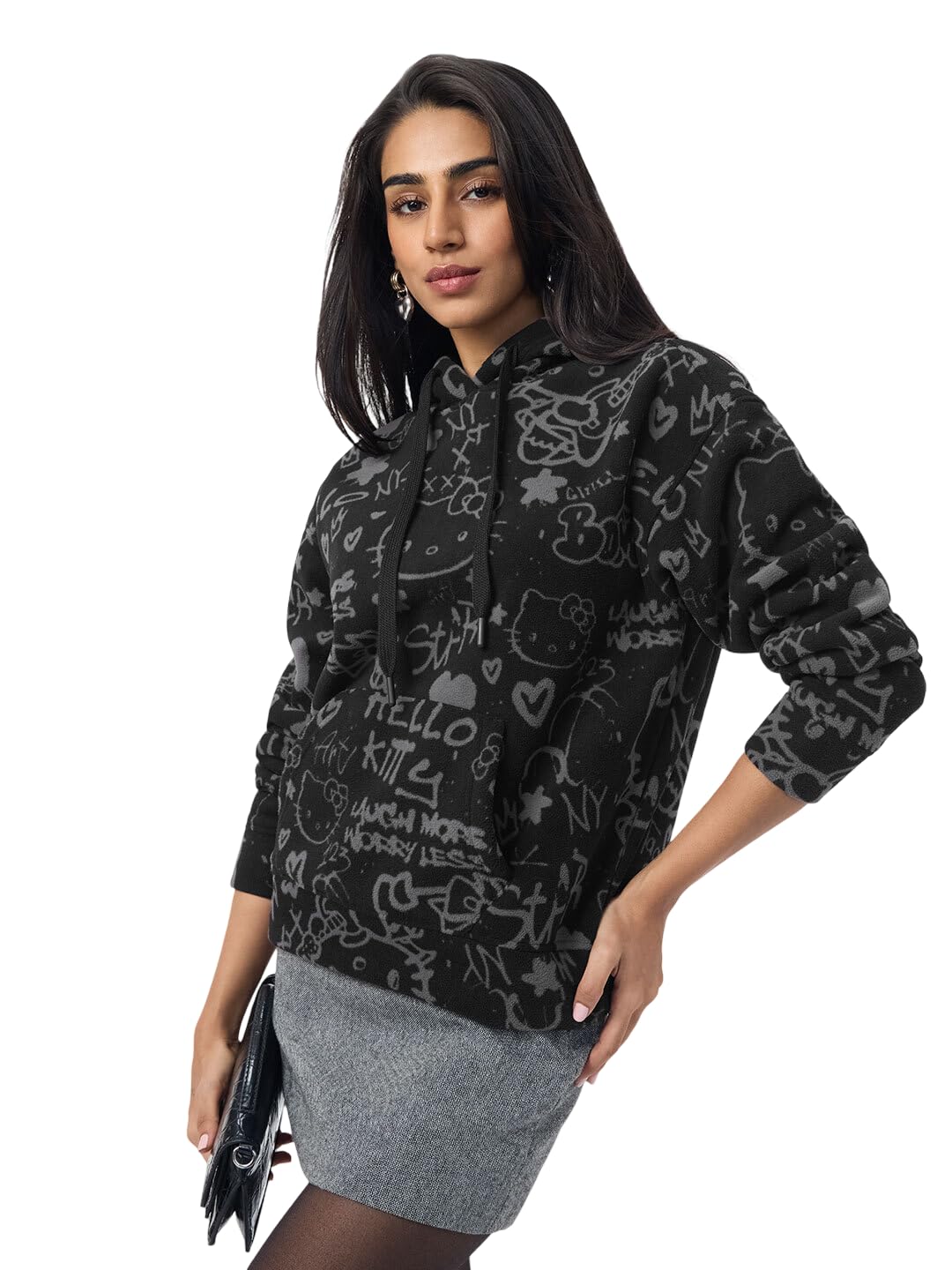 the souled store Hello Kitty: Scribbles Women and Girls Long Sleeve Hooded Neck Black All Over Printed Polyester Drop Shoulder Streetwear Winter Ready Casual Pullover Oversized Hoodie-picture-45