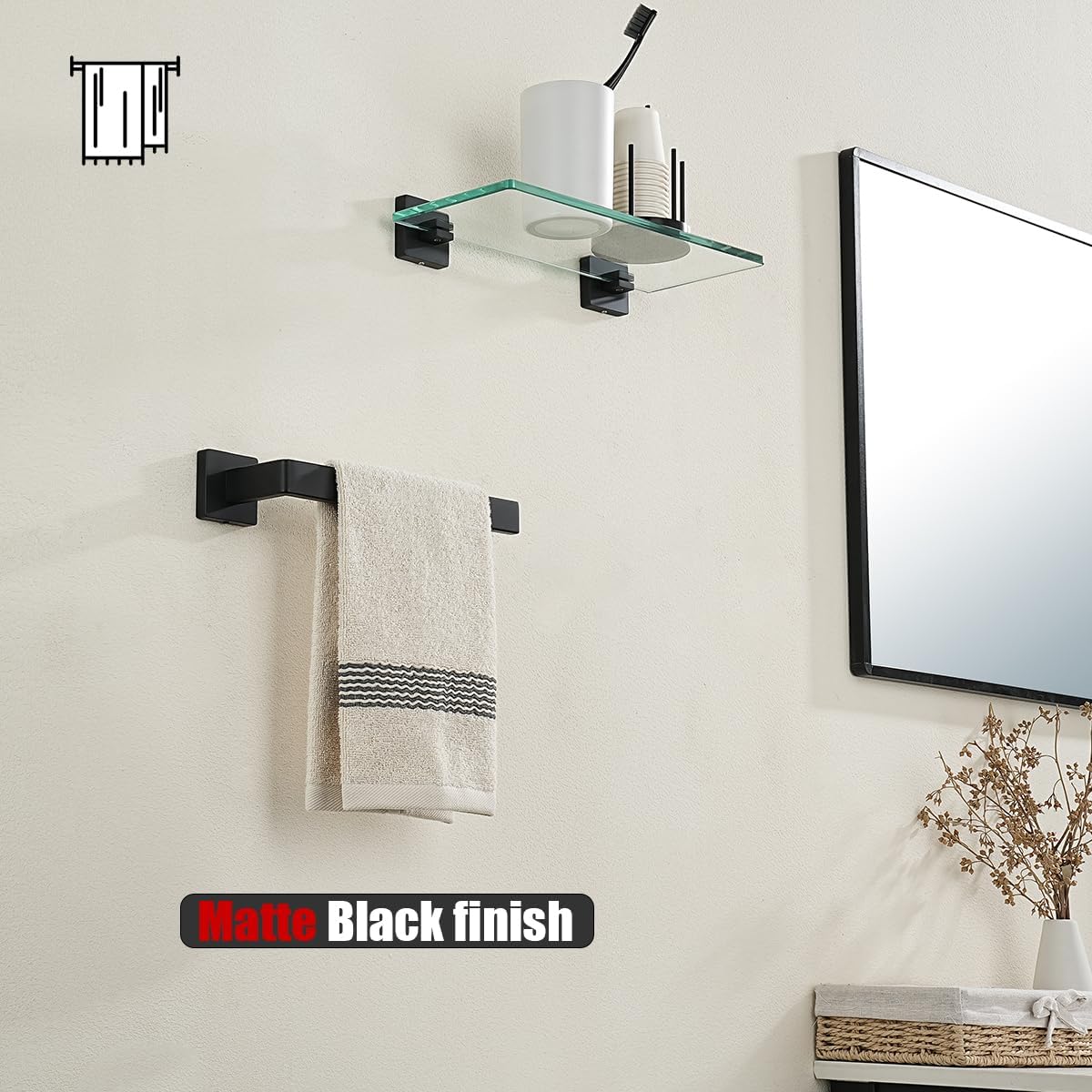JQK Hand Towel Holder Towel Ring Gold, Thicken 0.8mm 304 Stainless Steel Bathroom Hand Towel Bar, 9 Inch Wall Mount Towel Rack Hanger, Matte Black, THH250L9-PB