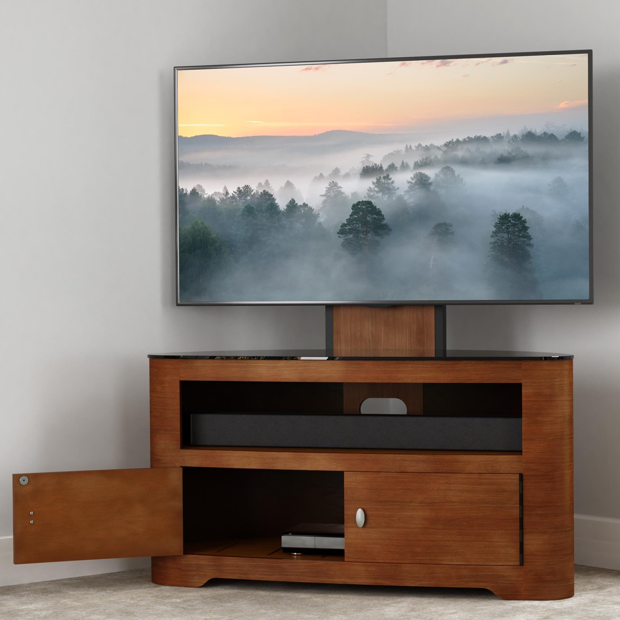 AVF Curved Wood TV Stand - Blenheim 1000mm Wide Floorstand Combi Unit Upto 65", With Universal VESA Mount, Walnut & Black Glass, Open & Closed Storage