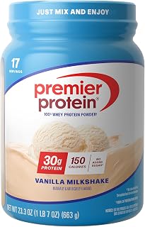 Premier Protein Powder, Vanilla Milkshake, 30g Protein, 1g Sugar, 100% Whey Protein, Keto Friendly, No Soy, Gluten Free, 23.3 oz (17 Servings)