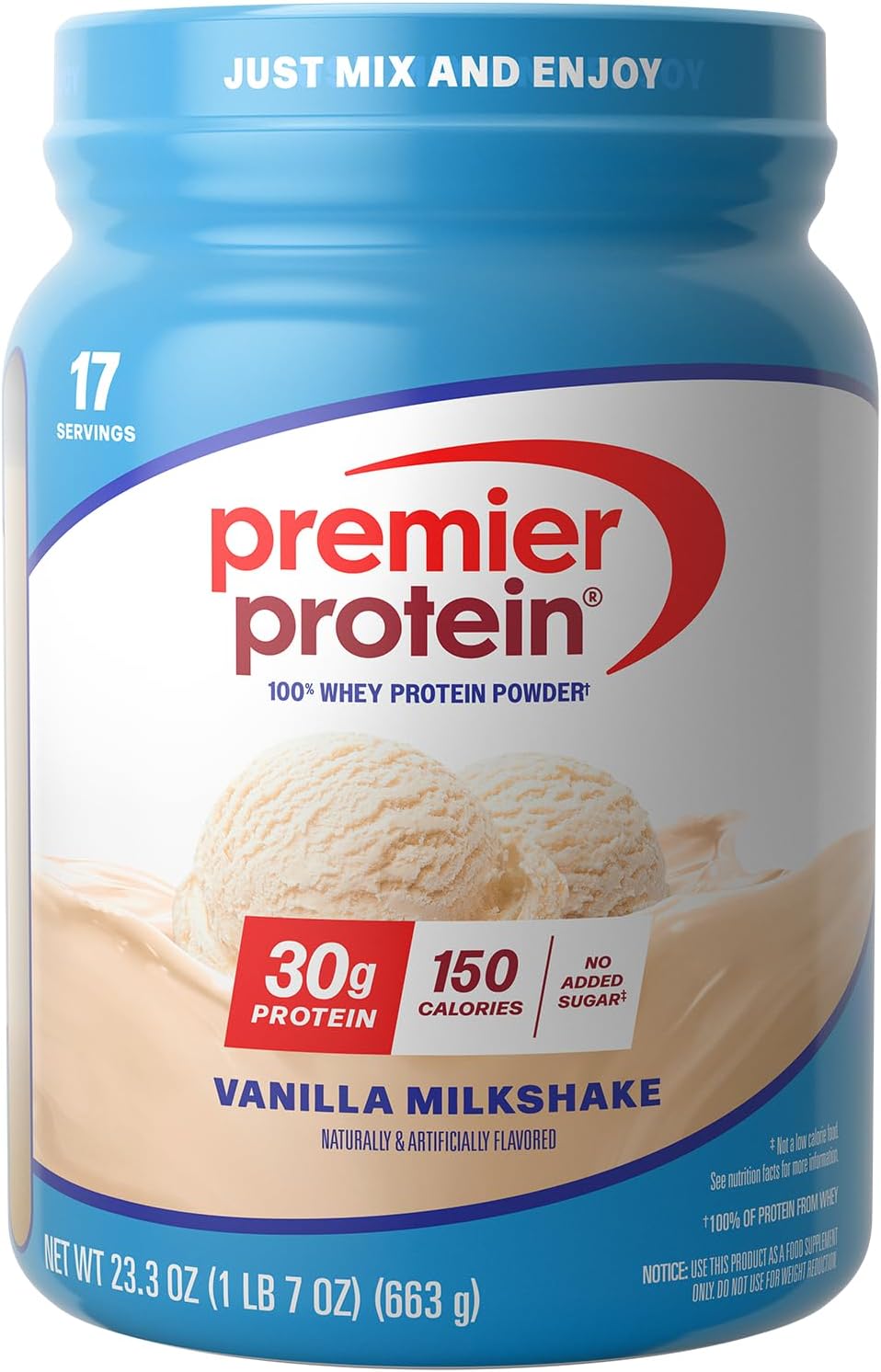 Premier Protein Whey Protein Powder, Blue and White, Vanilla, 23.3 Ounce