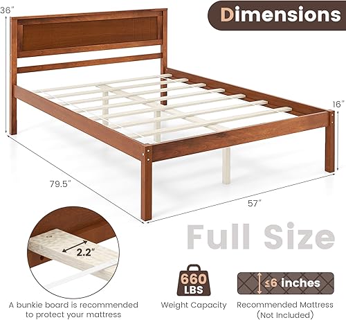 Miniatura 2 de KOMFOTT Base de cama de plataforma de madera de tamaño completo con cabecero, marco de cama de madera maciza con soporte de listones, soporte de 7