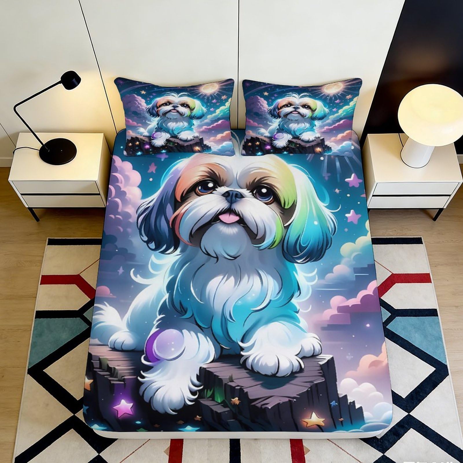 3D Printed Cartoon Shih Tzu Dog Fitted Sheet Microfiber Soft Colorful Starry Night Bed Cover for Bedroom Guest Room 90x200x25cm