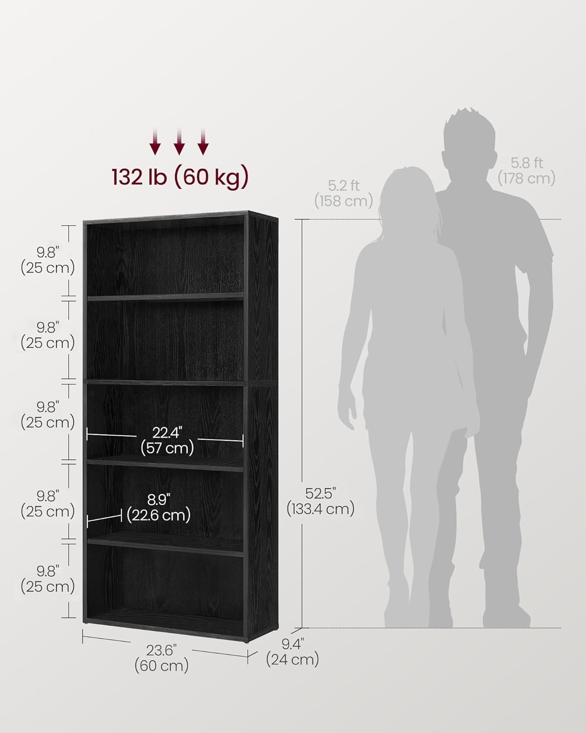 VASAGLE CUSTOS Collection - Bookshelf, 5-Tier Bookcase, Book Shelf, Open Storage Shelf, 9.4 x 23.6 x 52.5 Inches, for Living Room, Home Office, Dining Room, Ebony Black ULBC165T56