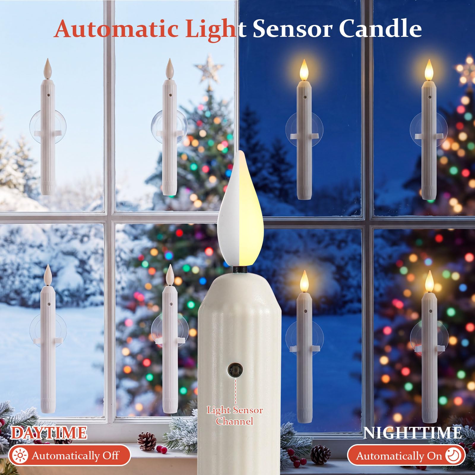 Yungyan Set di 12 candele natalizie per finestre con sensore dal tramonto all'alba, luci per finestre a batteria con 12 ventose e 24 batterie AA, candele a LED senza fiamma per decorazione domestica