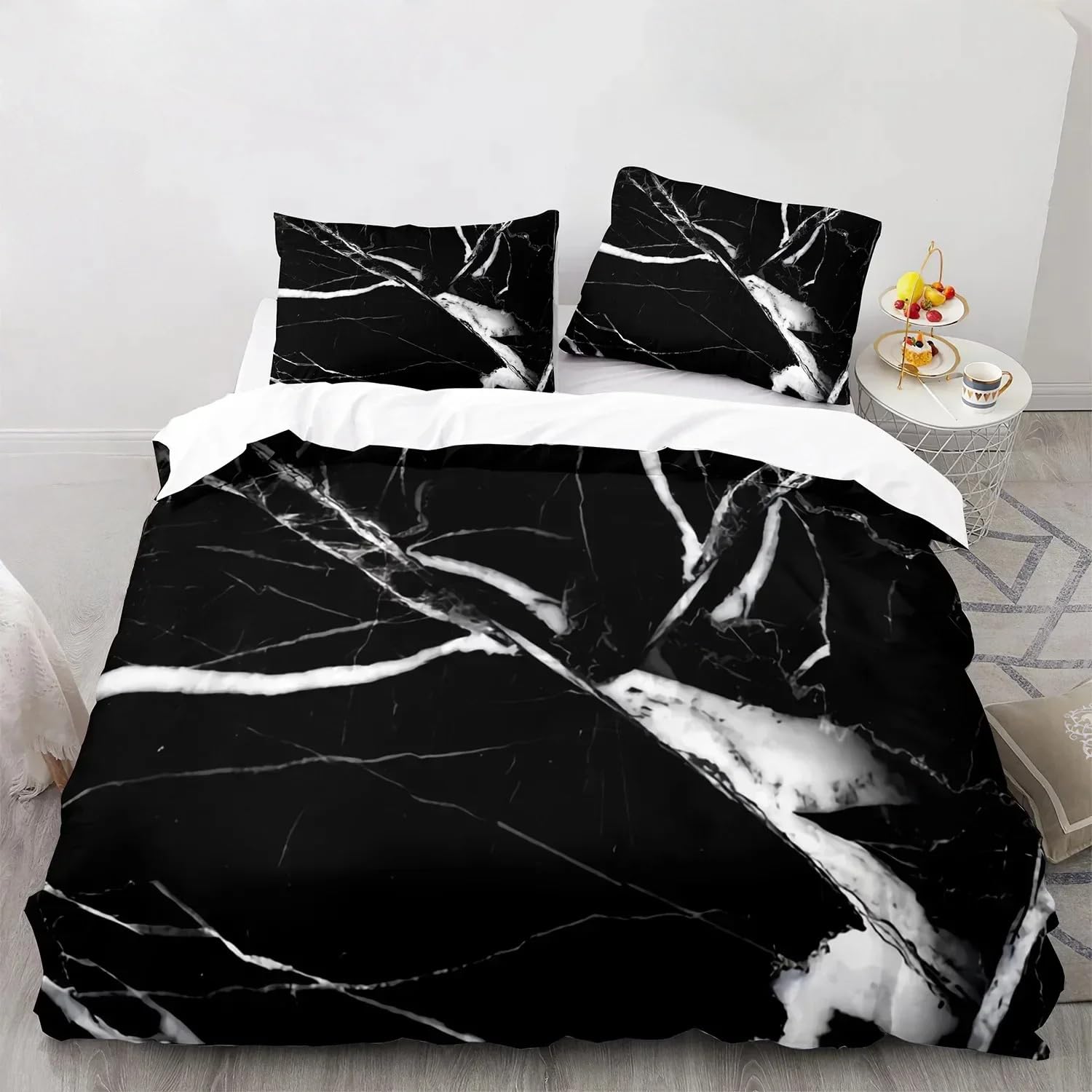 Parure de lit 200x200 marbre noir chic et moderne pour adulte