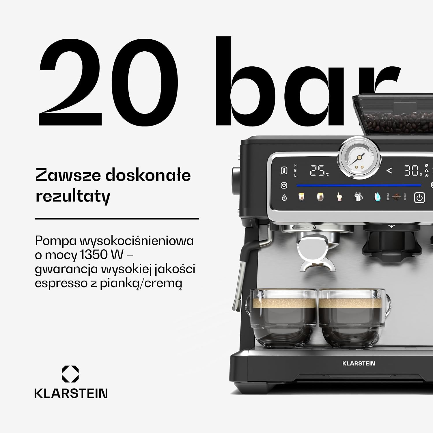 Klarstein GrandPresso Touch Coffee Bean Machine - 20 Bars, 1350 W, Touch Screen, Built-in Grinder, Steam Nozzle, 2.3 L Tank, Stainless Steel, Black image 3
