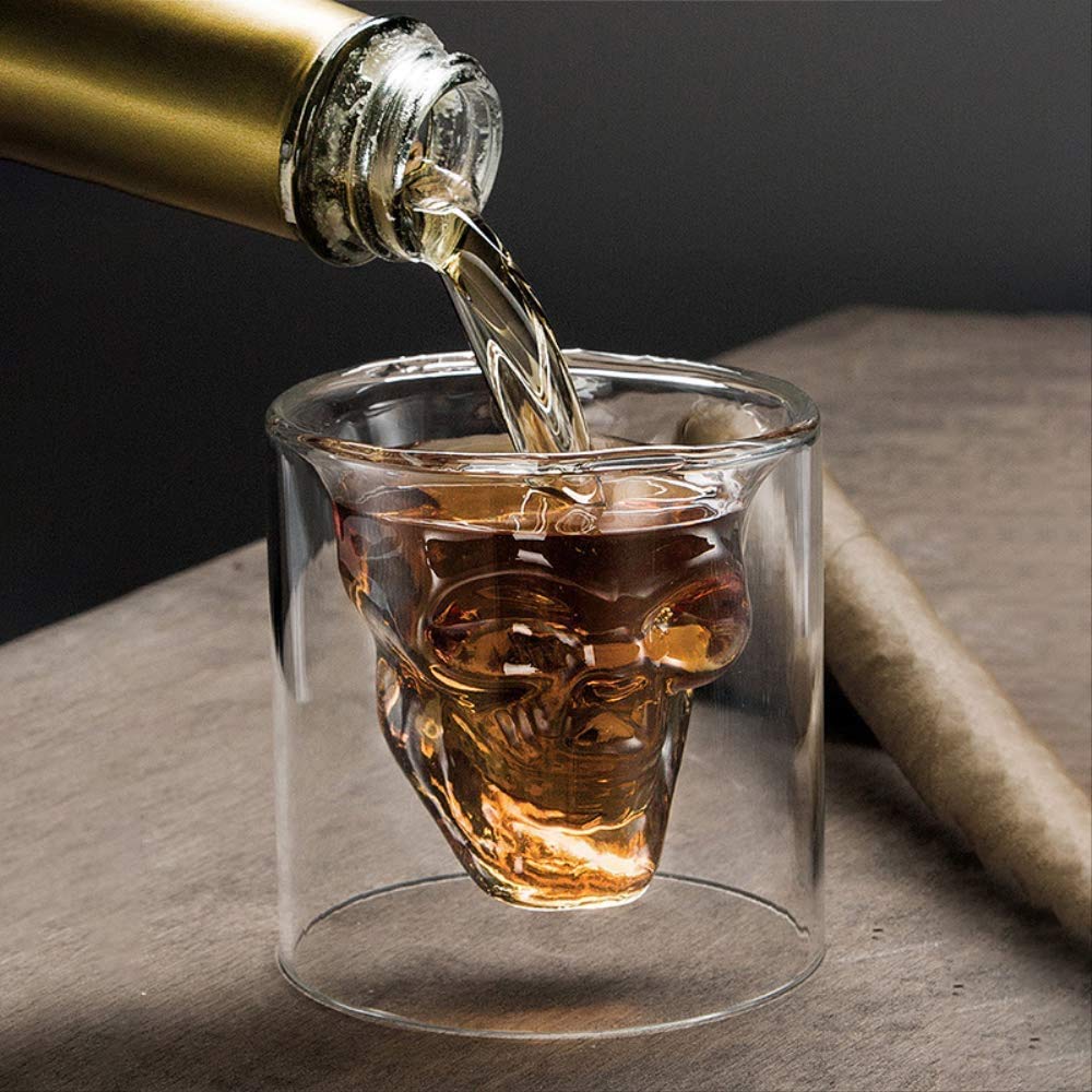 LushhSkull Wine Glass, Double Layers Transparent Crystal Head Glass Tea Cup For Whiskey Vodka Bar Club Beer 4 PCS Set 250 ML