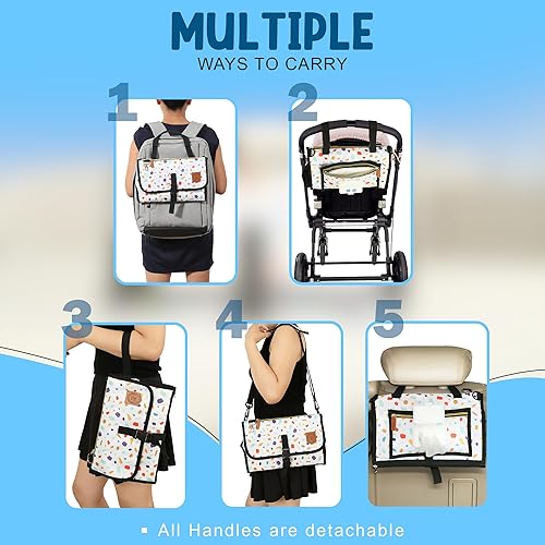 Miniatura 6 de Cambiador de pañales portátil para bebé, tapete cambiador de pañales impermeable con bolsillos para toallitas y pañales, estación ligera plegable
