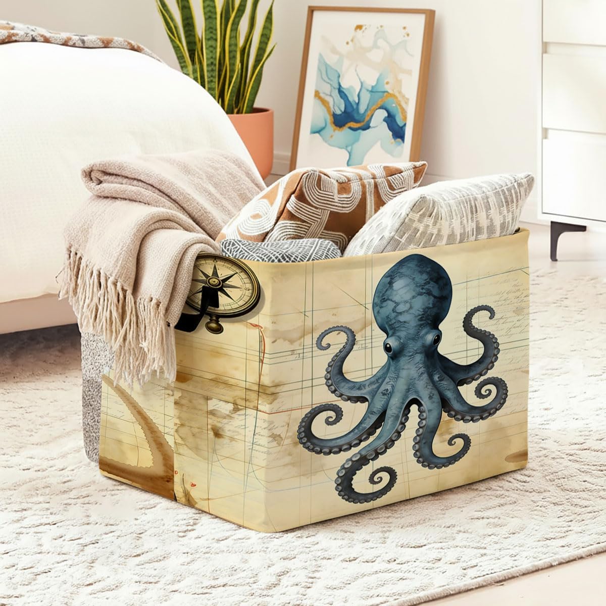 56L Rectangular Storage Bin,Laundry Basket Clothes Hamper with Handles,Foldable Blanket Storage Cotton Linen Laundry Hamper with Waterproof PE, Nautical-themed Home Decor.
