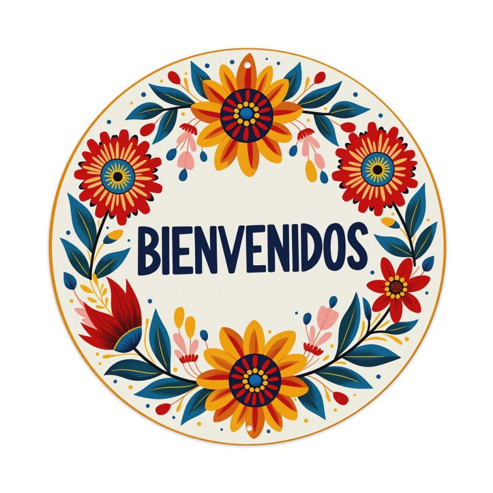 Floral Mexican Style Welcome Pattern Round Tin Sign Vintage Style Metal Sign Home Bar Garden Wall Plaque Decor Metal Poster 8x8 Inch