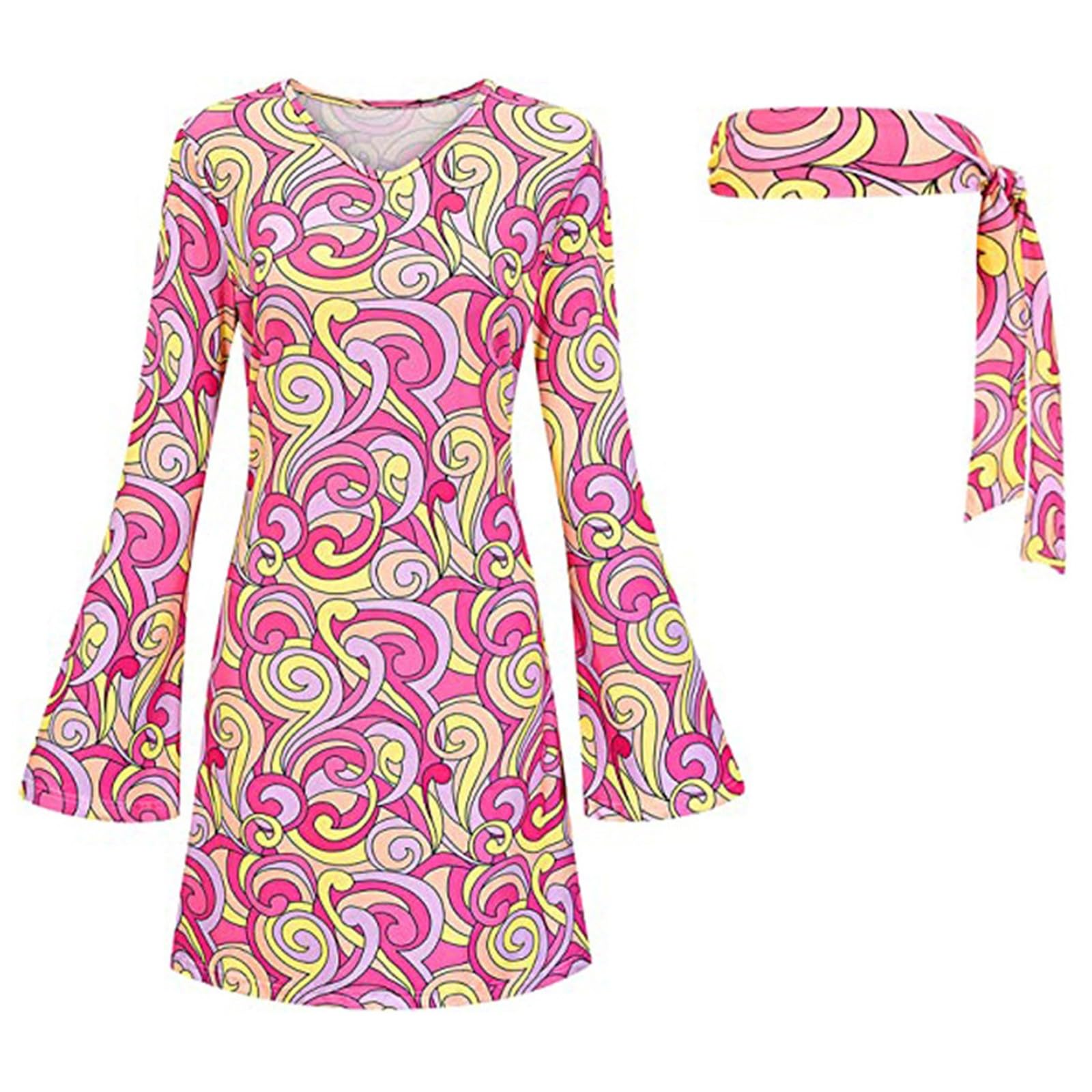 AMDOLE Hippie Costume Women Disco 60s 70s Fancy Dress Retro Party Outfit Dress Up Hippy Clothes Fancy Dress for Women Adult Ladies 1970s Hippie Costume Halloween Dresses Headband B-PK1 XL โ image 1