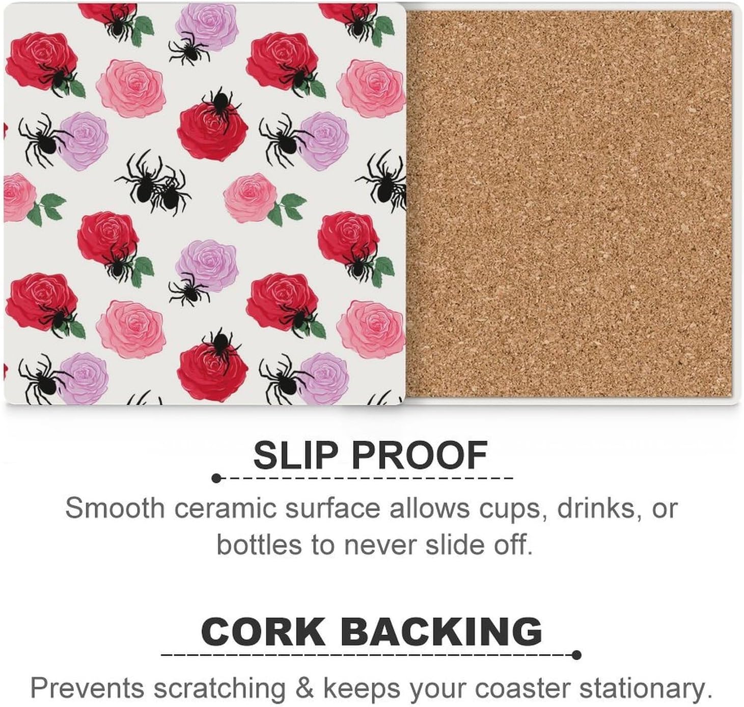 Spider Rose Coaster for Drinks Square Ceramic Table Coasters Stone Mat Crafts 6PCS Home Kitchen Decor