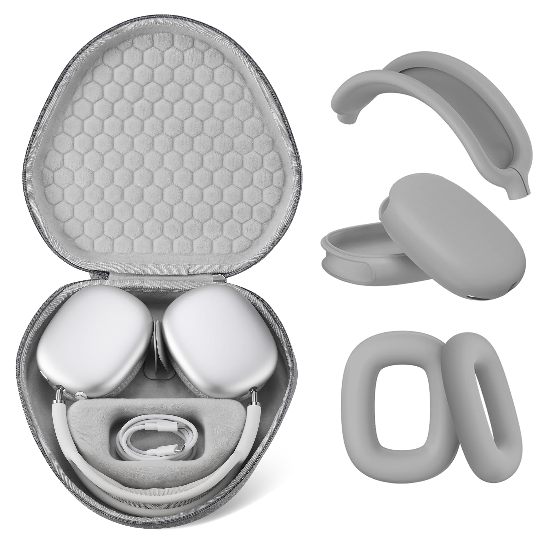 Maxjoy for Airpods Max Case, Smart Case Supports Sleep Mode, with AirPods Max Silicone Earpad Cover/Ear Cups/Headband Cover Accessories, Portable Travel Carrying Storage Bag, Light Gray Set