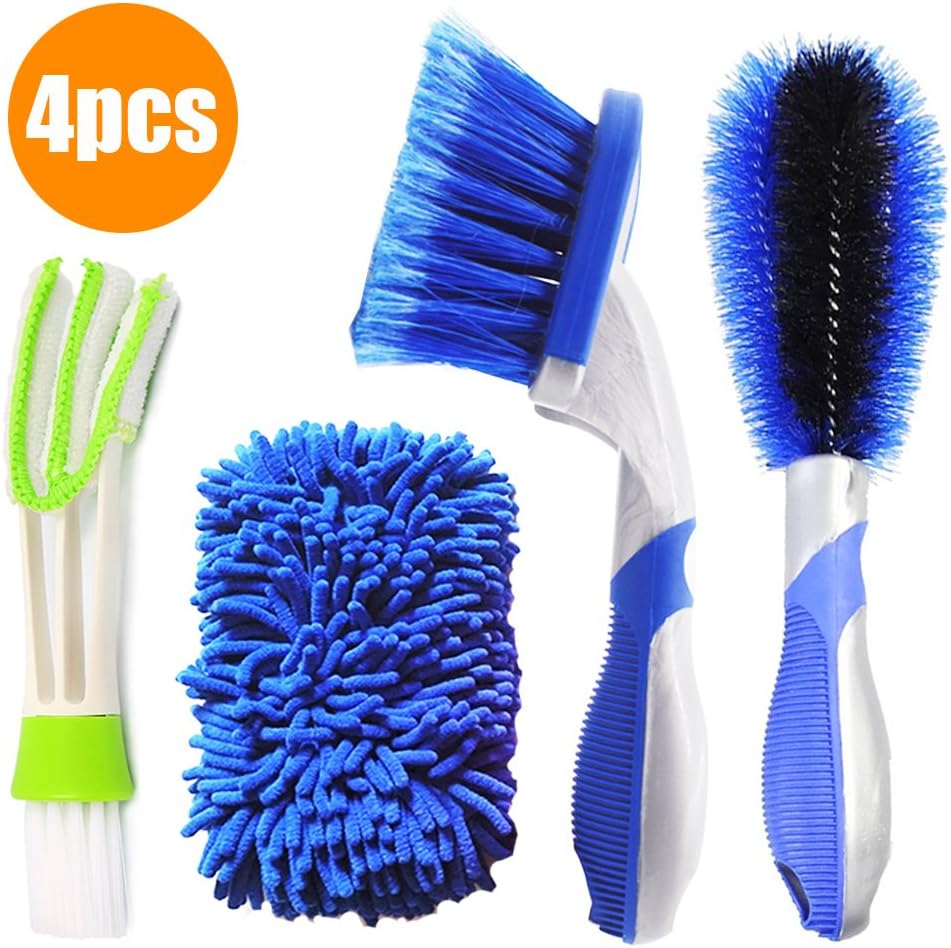 Coardor Car Wheel Cleanning Brush Alloy & Motorcycle Wheel Hub Cleanner Tool & Chenille Microfiber Scrubbing Sponge & Car Tire Gap Rim Scrub Tool 4 in 1 kit Soft Tire Cleanner Bike Washing Drill