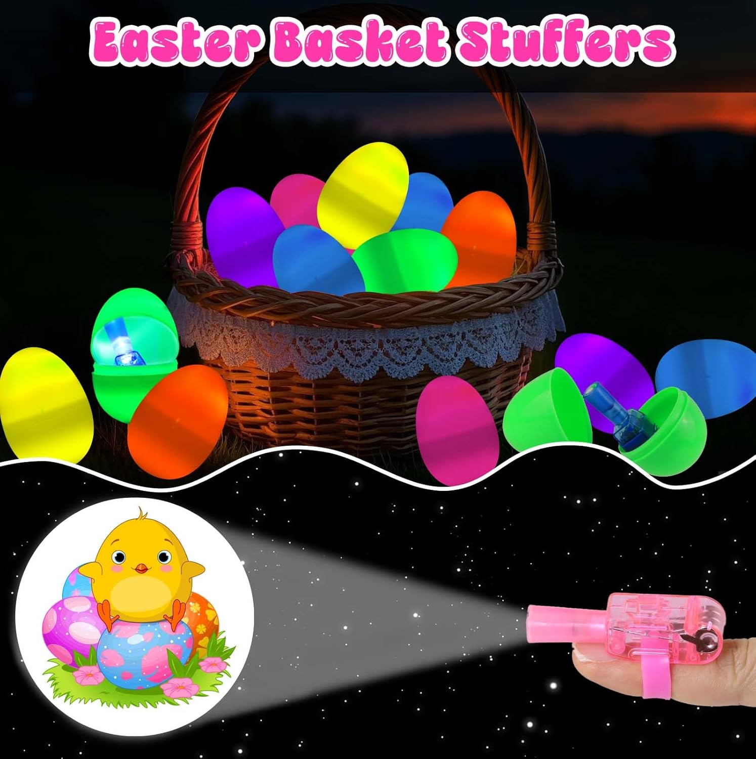 Easter Eggs Fillers, 12Pack Prefilled Easter Eggs with Finger Lights Toys, Easter Basket Stuffers for Kids Teens Boys Girls, Grow in The Dark, Classroom Treasure Box, Party Favors for Egg Hunt