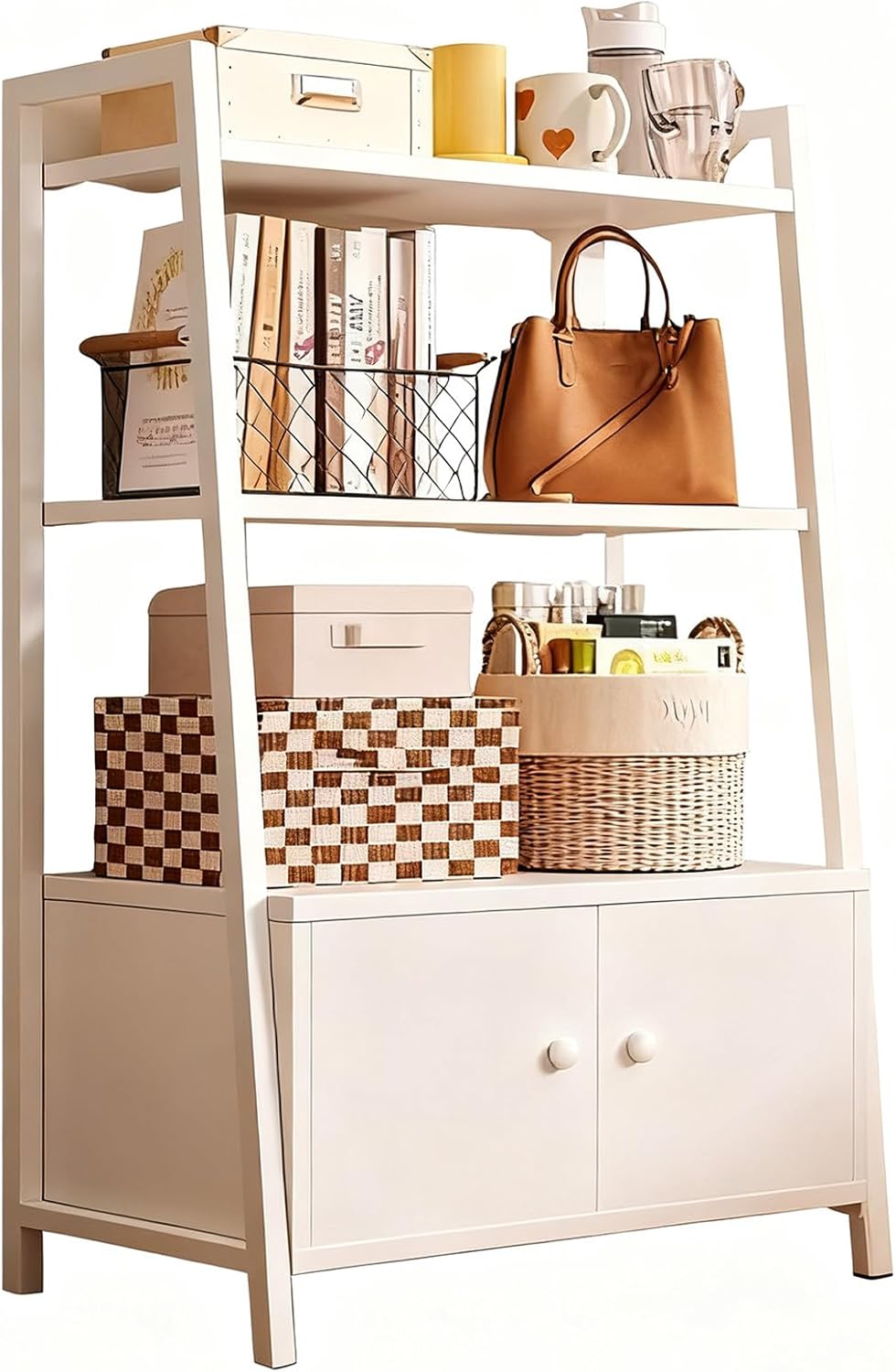 3/4 Tier Ladder Bookshelf with Storage, with Cabinet Doors, Modern Book Shelf with Solid Wooden Frame for Living Room, Bedroom, Office，Shop 4layers150cm