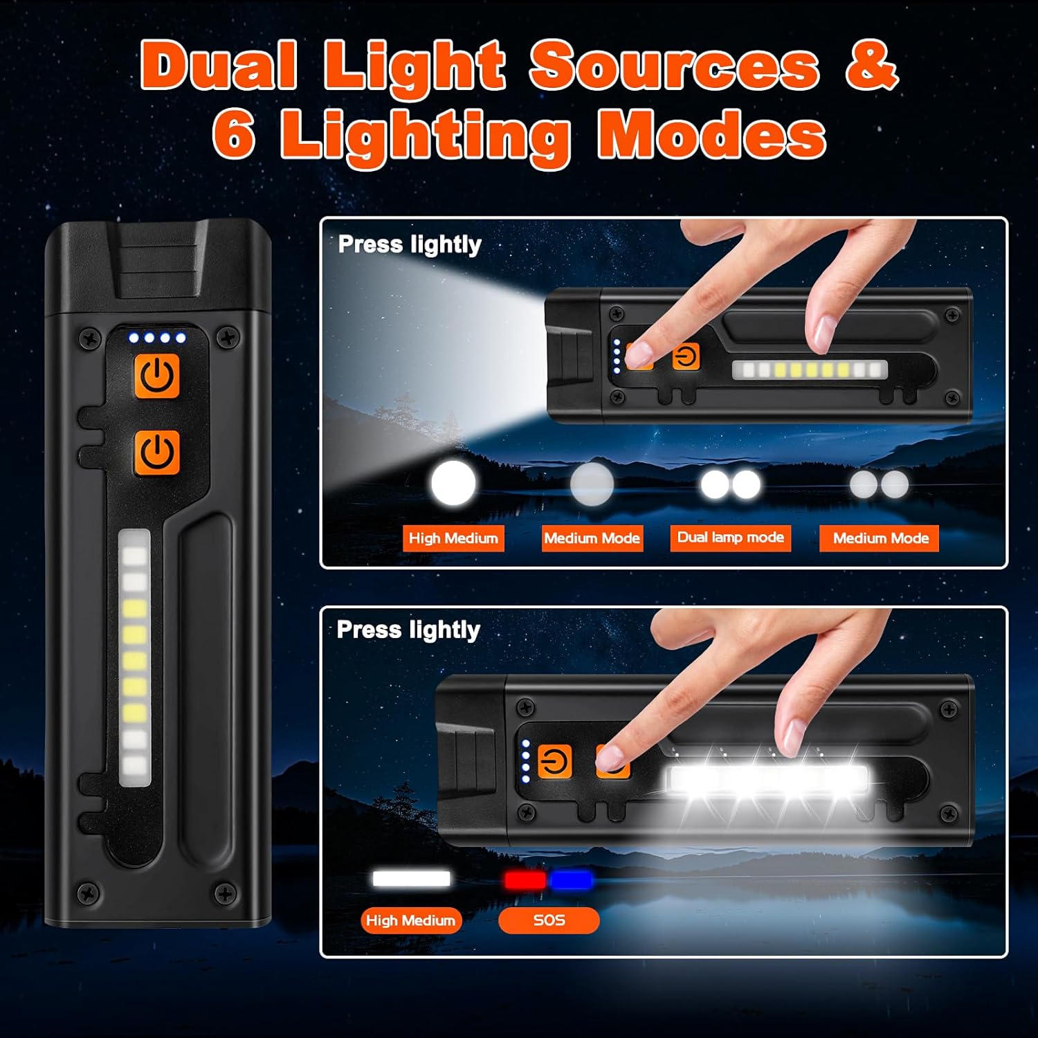 Flat Flashlight, EDC Flashlights Rechargeable Clip-On Light, 6 Modes Pocket LED Light, IPX6, for Signaling, Work, Outdoor or Indoor Use (Black)