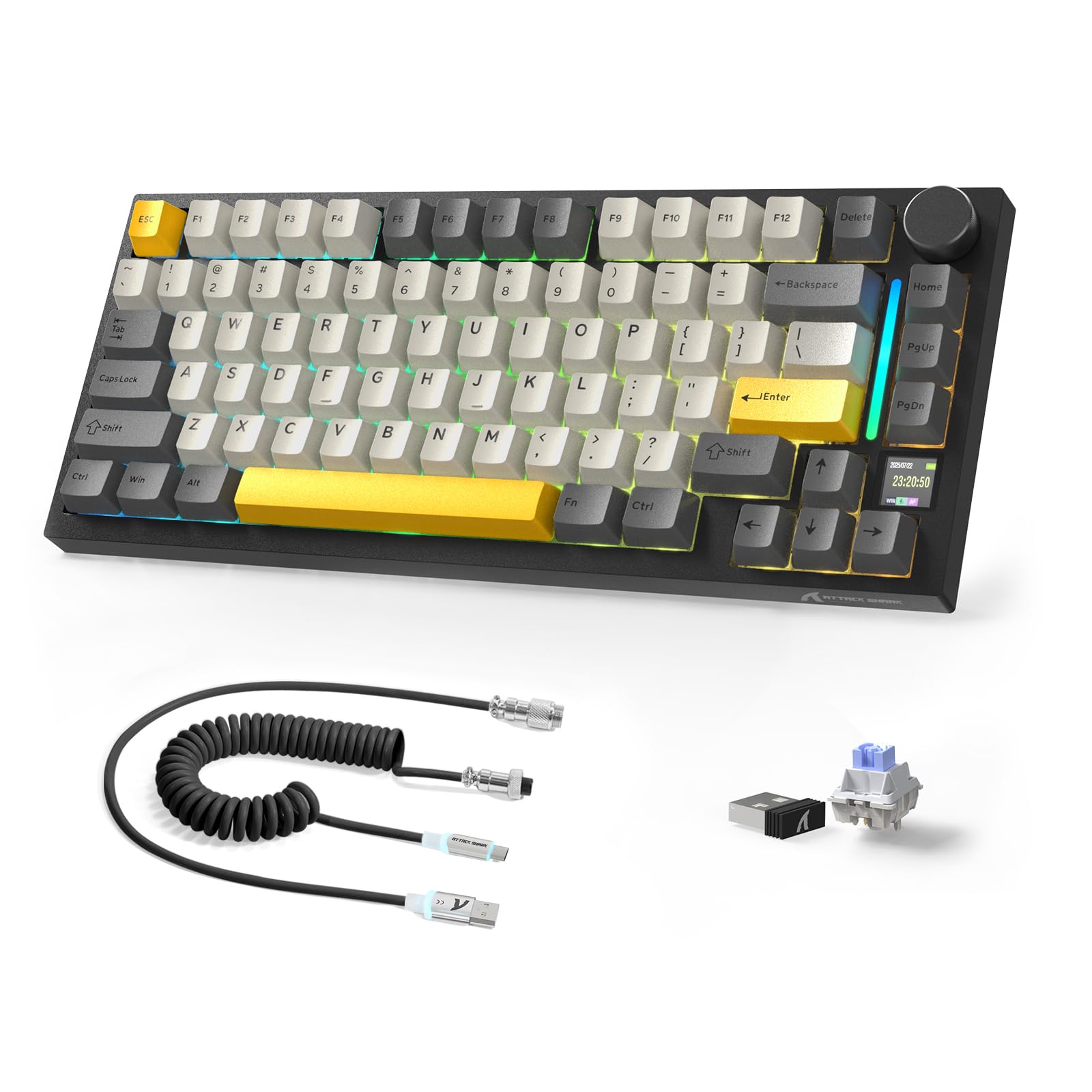 A.JAZZ Attack Shark X820Ultra 75% Wireless Mechanical Gaming Keyboard and Coiled Cable Hot Swappable 2.4GHz/Bluetooth/Wired Keyboard with Screen & Knob RGB Backlit Gasket Mount Shark Switch-Starblack | 75% TKL,2.4G/BT/Wired,Side Print PBT Keycap,Smart Display,Media Knob,RGB,QMK Web Driver,Creamy,Shark Switch-Star Black-image-38