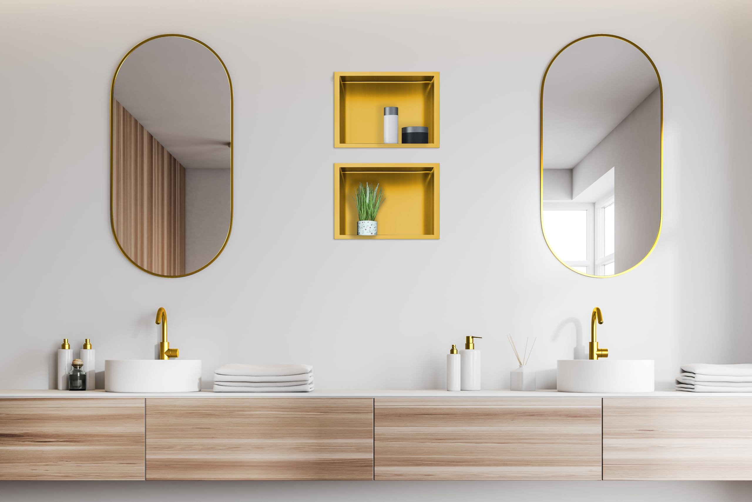 WALL-BOX ONE Nicho de Ducha de Pared de Acero Inoxidable Dorado, Impermeable, Instalación de Nicho Flexible 30x30x7cm, Nicho para Utensilios de Baño, Sin Azulejos,