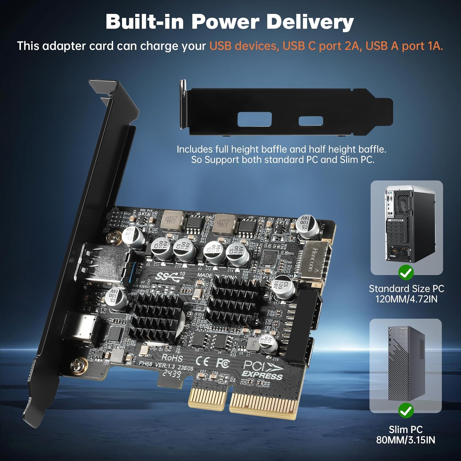 PCIe to USB C 3.2 Gen 2 Expansion Card 10Gbps PCI-E Card with USB-C + Type A + Type-E A-Key Front Panel Add-On Adapter + Internal 19/20 Pin Connector