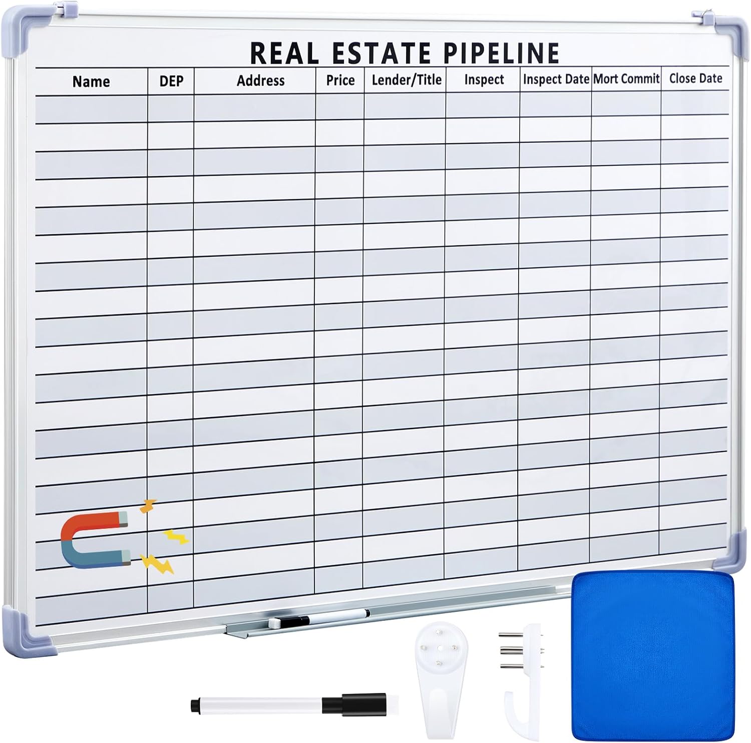 Lincia 36"x 24" Real Estate Whiteboard Lined White Board Dry Erase Real Estate Supplies Visual Transaction Tracking Whiteboard Erasable Surface Hanging Board with Sliding Tray for Wall Real Estate Pipeline 36"W x 24"H