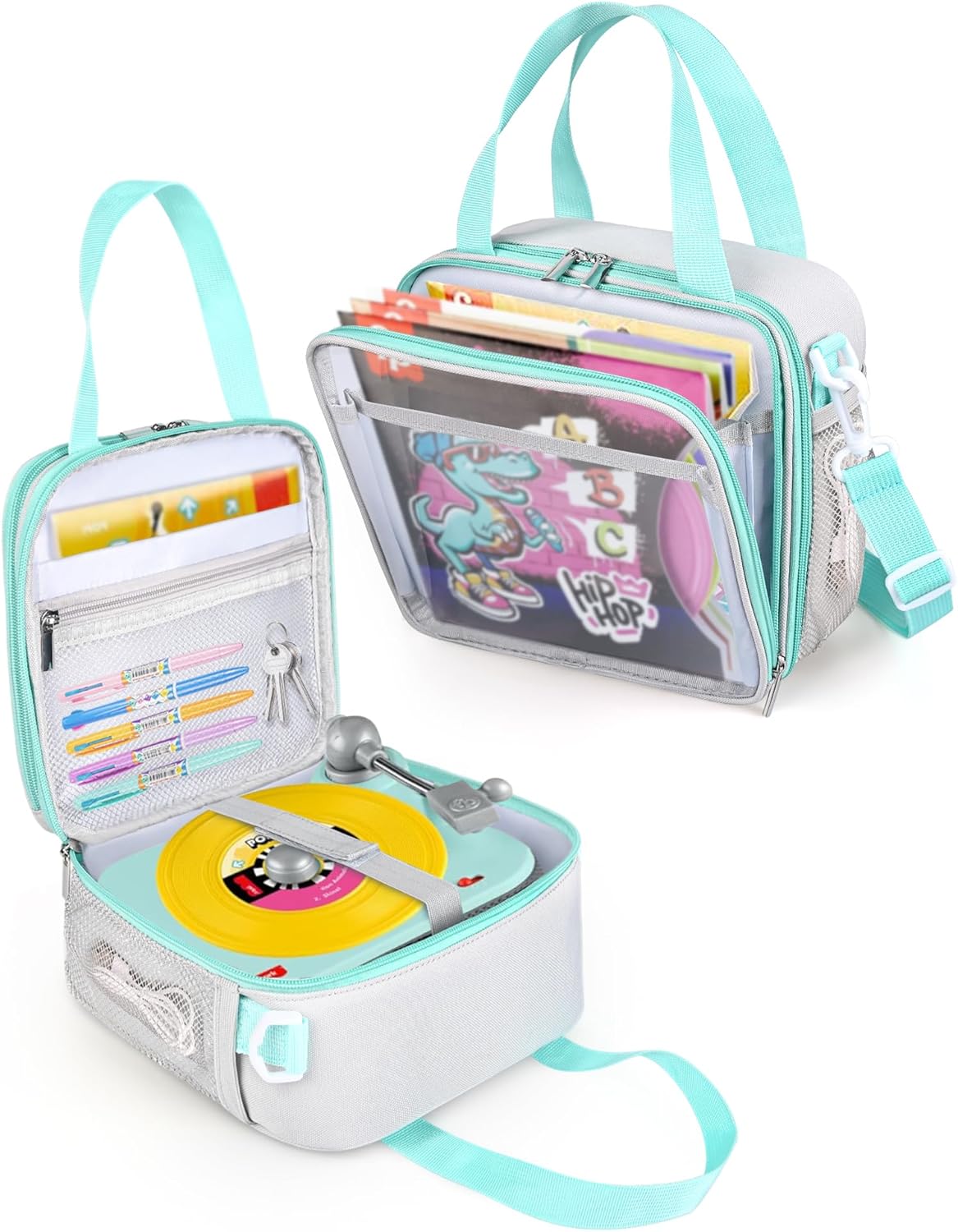 PLOZANO Record Bag Compatible with Fisher-Price Musical Toy Deluxe Rockin Record Player, Multipocket Kids Toy Storage Bag Turntable Carrying Case with Detachable Shoulder Strap(Bag only)