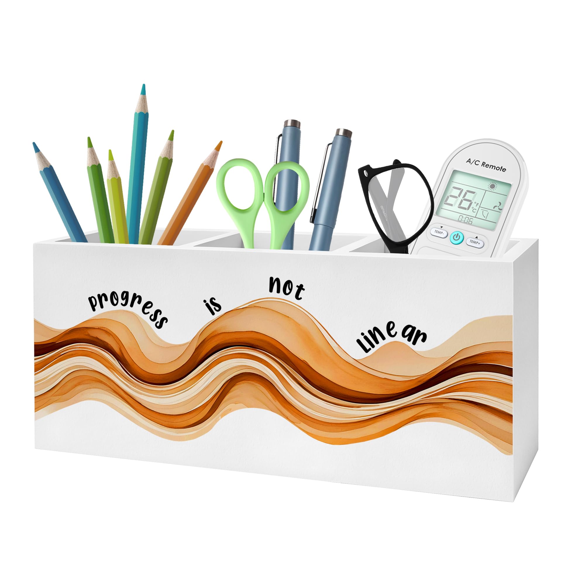 FITIE Inspirational Mental Health Pencil Pen Holder for Desk, Progress Is Not Linear Wooden Pencil Holder Organizer for Therapy Office Desk