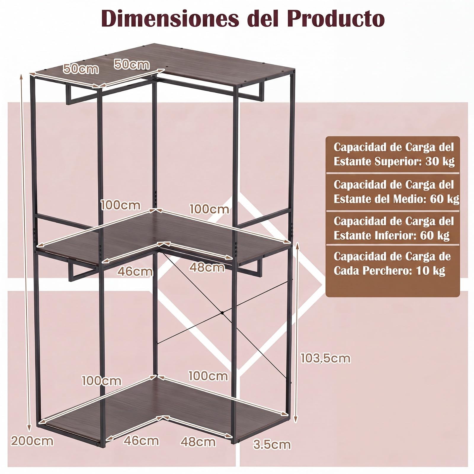 GYMAX Perchero de Pie en Forma de L, Guardarropa de 3 Niveles Independiente con Estantes Abiertos, Barras para Colgar, Estructura Metálica, Armario Organizador de Ropa Esquinero para Salón Dormitorio