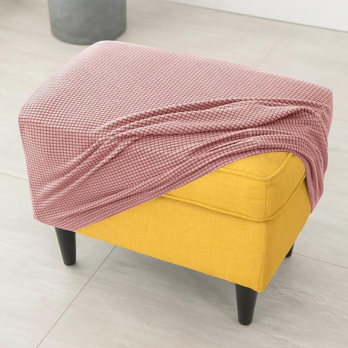 Highdi Ottoman Cover Rectangle, Solid Color Jacquard Thickening Stretch Footstool Slipcover, Protector Cover with Elastic Bottom, Removable Washable Dustproof Footrest Pouffe Covers (Pink)