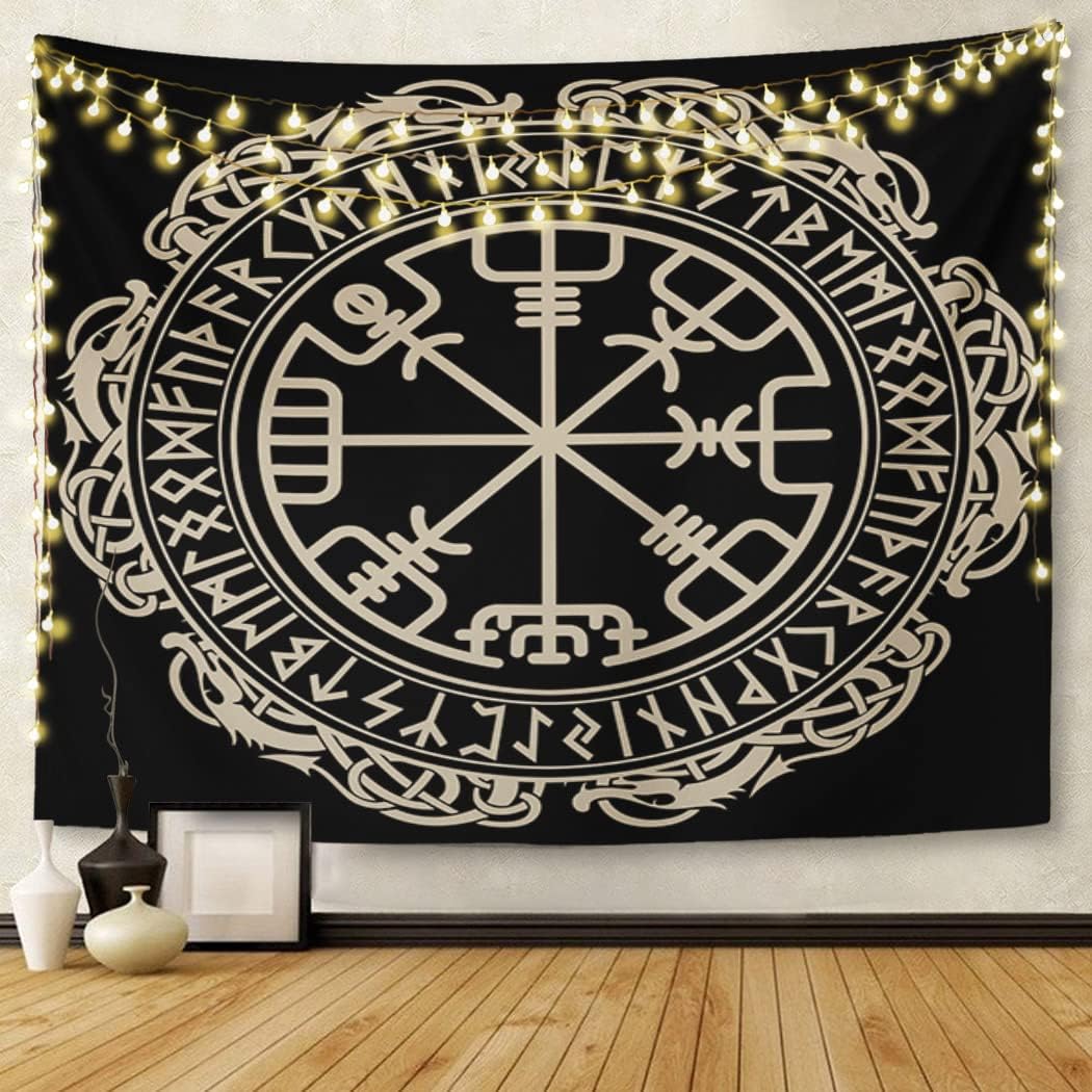 Emvency Tapestry Black Design Magical Runic Compass Circle Dragons Tattoo Home Decor Wall Hanging for Living Room Bedroom Dorm 60x80 Inches