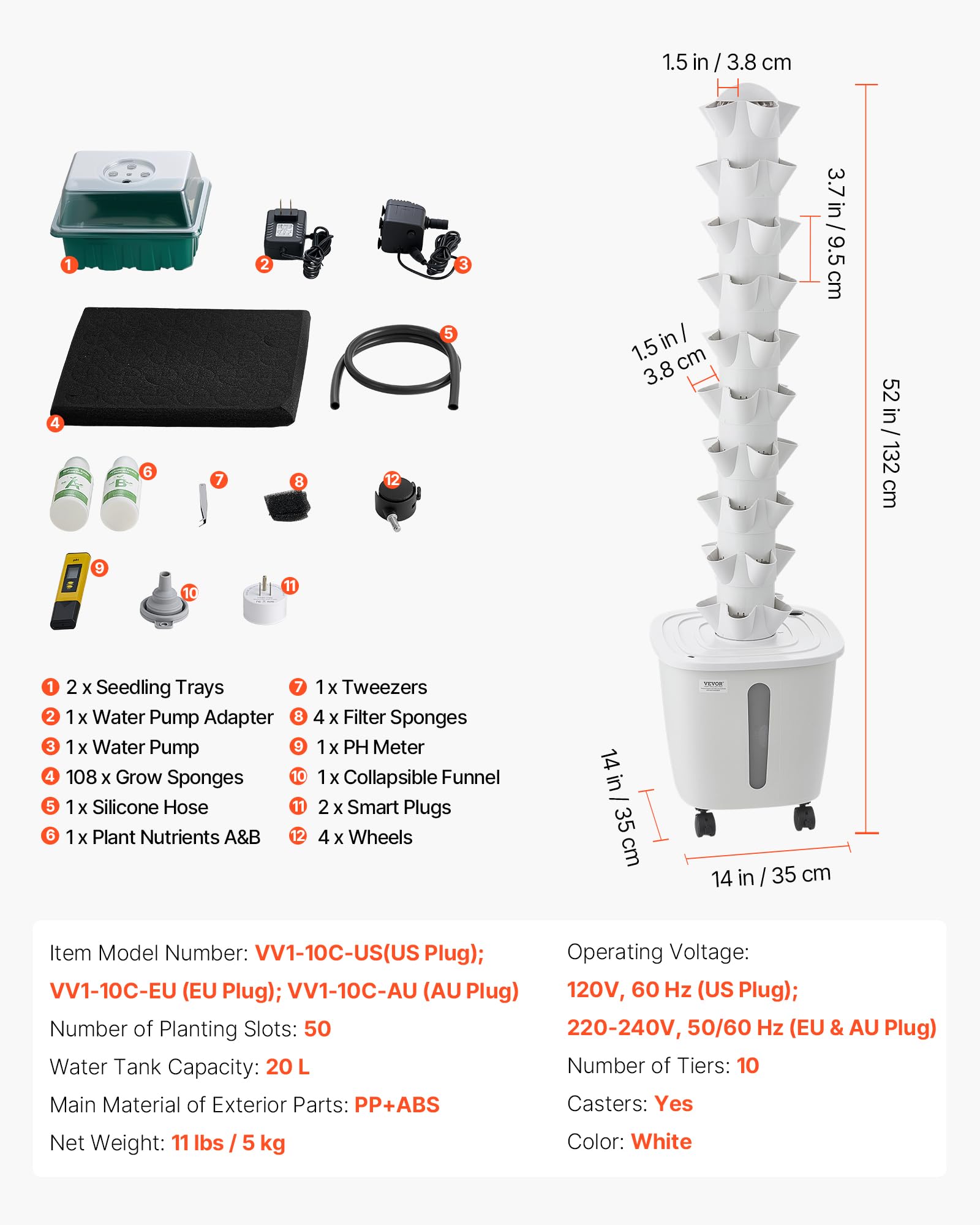 VEVOR Kit de Cultivo Hidropónico, Sistema de Torre Hidropónica, 10 Niveles y 50 Agujeros, con Ruedas Bomba de Agua y Depósito de 20 Litros, Control Inteligente, Torre de Plantación para Hierbas Frutas