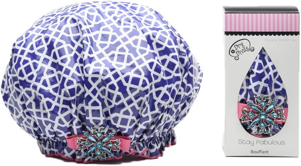 Dry Divas Designer Shower Cap For Women - Washable, Reusable - Large Bouffant Cap With Vintage Jeweled Brooch (Indigo Blast)
