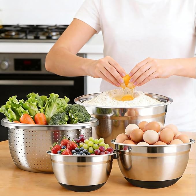 Cajas de Mezcla de Acero Inoxidable con Tapas y Base de Silicona - 7 Piezas Cocina Incluye Colador Rallador Separador de huevos Batidor miniatura 8