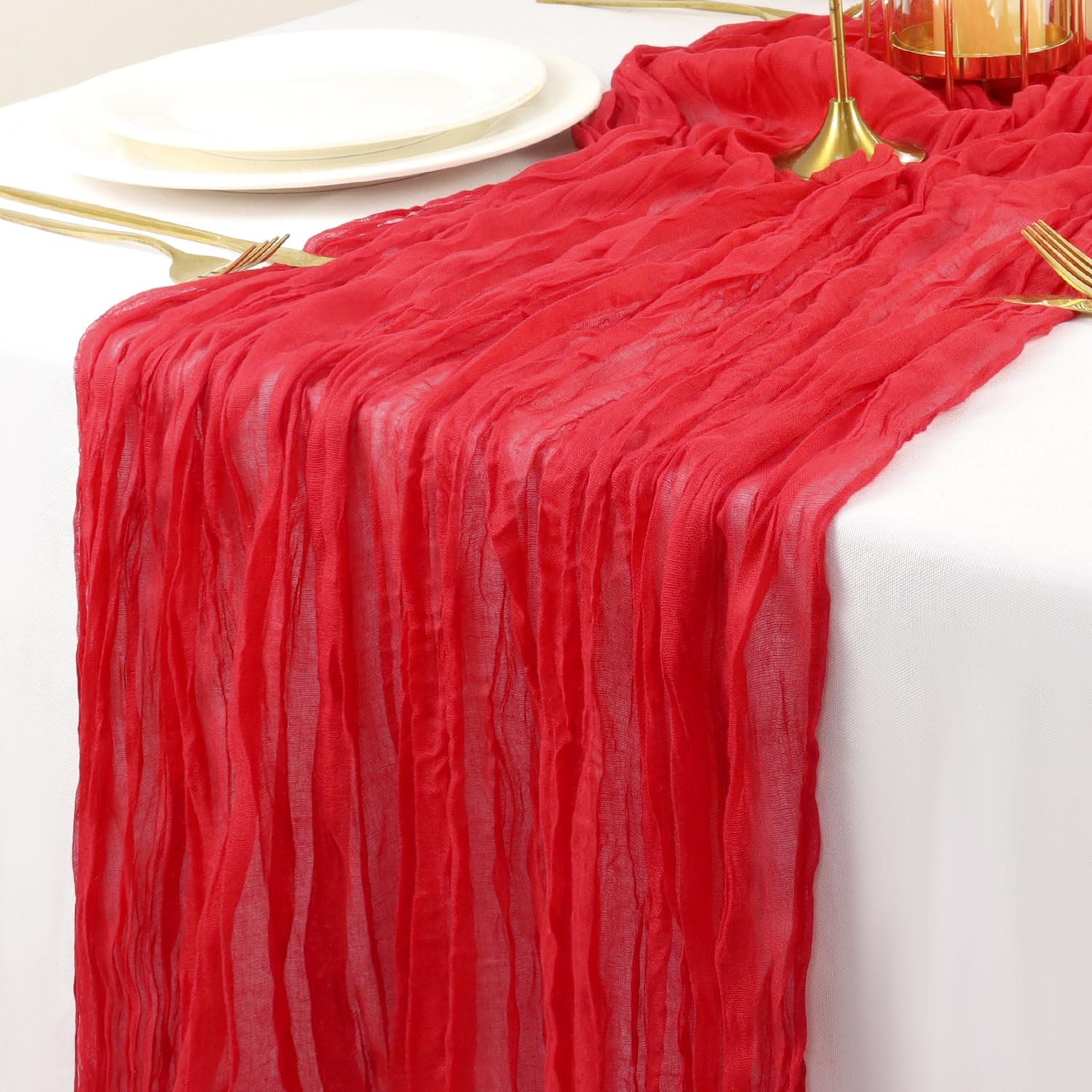 ROMANKAS Red Cheesecloth Table Runner 2 Packs 10FT Cotton Gauze Table Runners 35x120 Inch Sheer Cheese Cloth Table Cover Gauze Table Runner Romantic