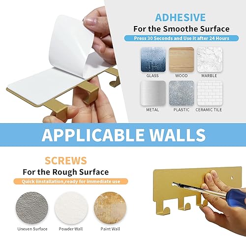 Miniatura 4 de GTK Soporte para llaves de pared, ganchos para llaves con 6 ganchos, soporte para llaves montado en la pared para pasillo, estante autoadhesivo para