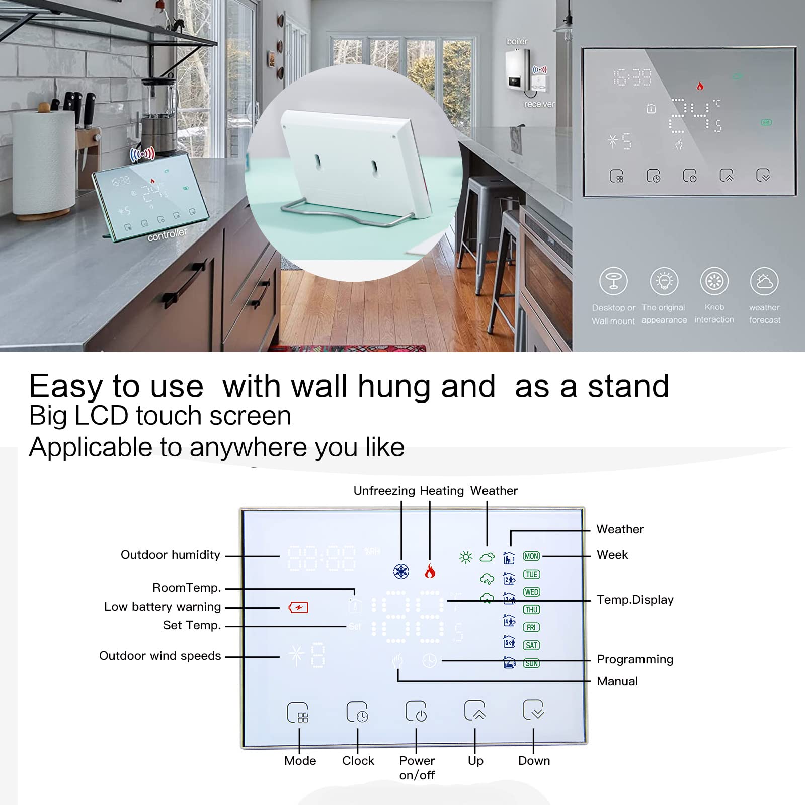 Inteligentny termostat RF Wifi do ogrzewania elektrycznego Programowalny termostat ścienny współpracuje z Alexa Google Home, wyświetlacz dotykowy bezprzewodowy regulator temperatury, bateria 2AA
