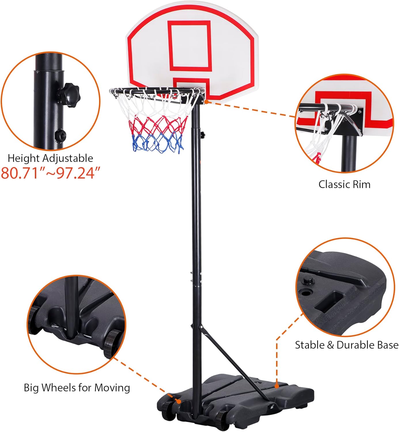 JungleA Portable Basketball Hoop Stand Backboard System Steel Pole with Backboard and Wheels Height Adjustable 76 to 98 Inches Basketball Set for 5+ Years Kids Indoor Outdoor Sports