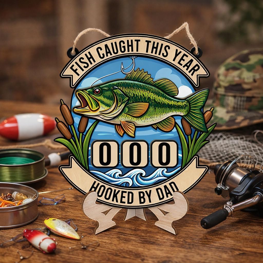 Funny Fish Caught This Year Tracker Sign, Fishing Gift for Dad Daddy, Wooden Fishing Counter Board Plaque for Fisherman, Cabin Lake House Decor, Fathers Day Gift from Kids Son Daughter, Hooked By Dad image 3