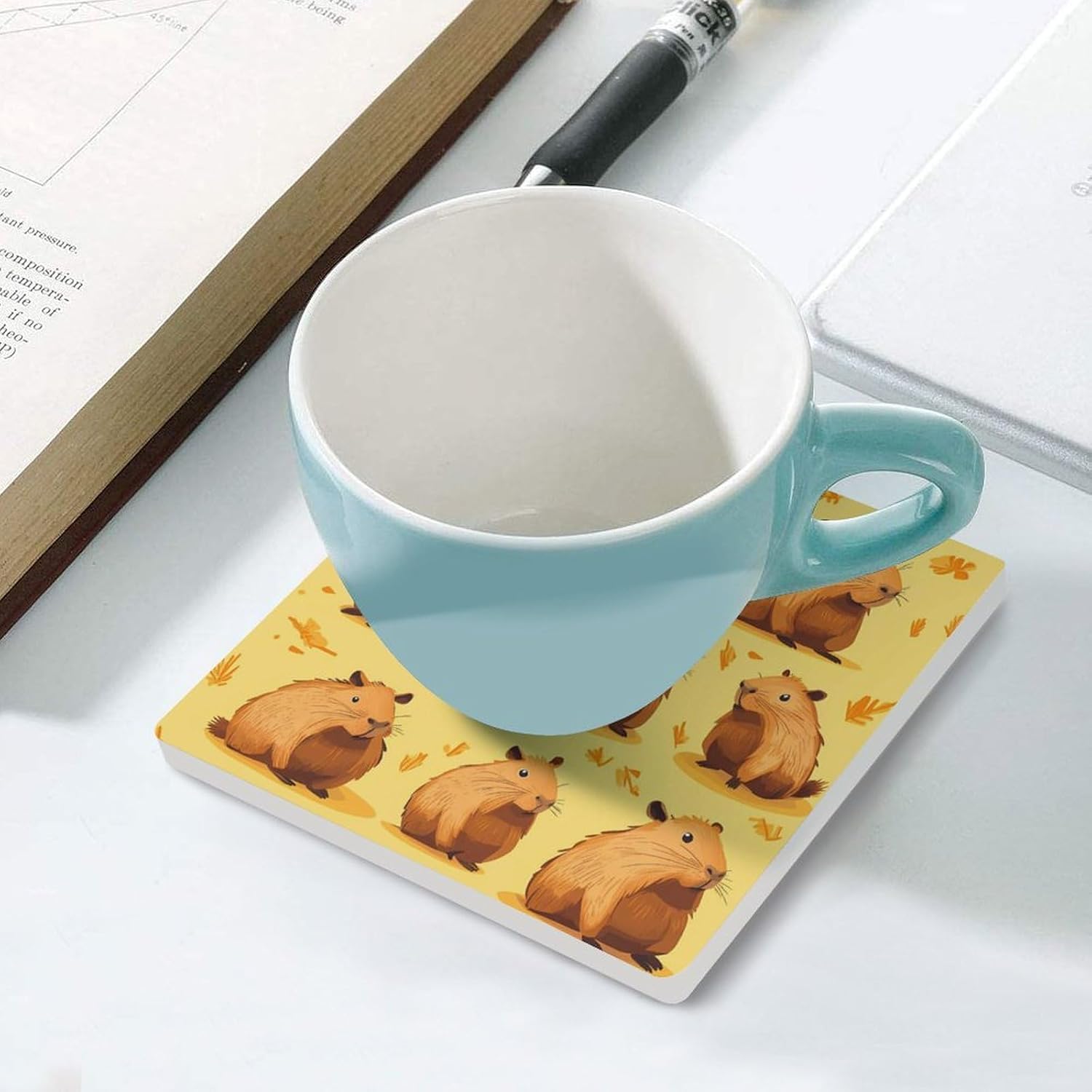 Capybara Coasters for Drinks Square Ceramic Coasters Cup Mats with Cork Base
