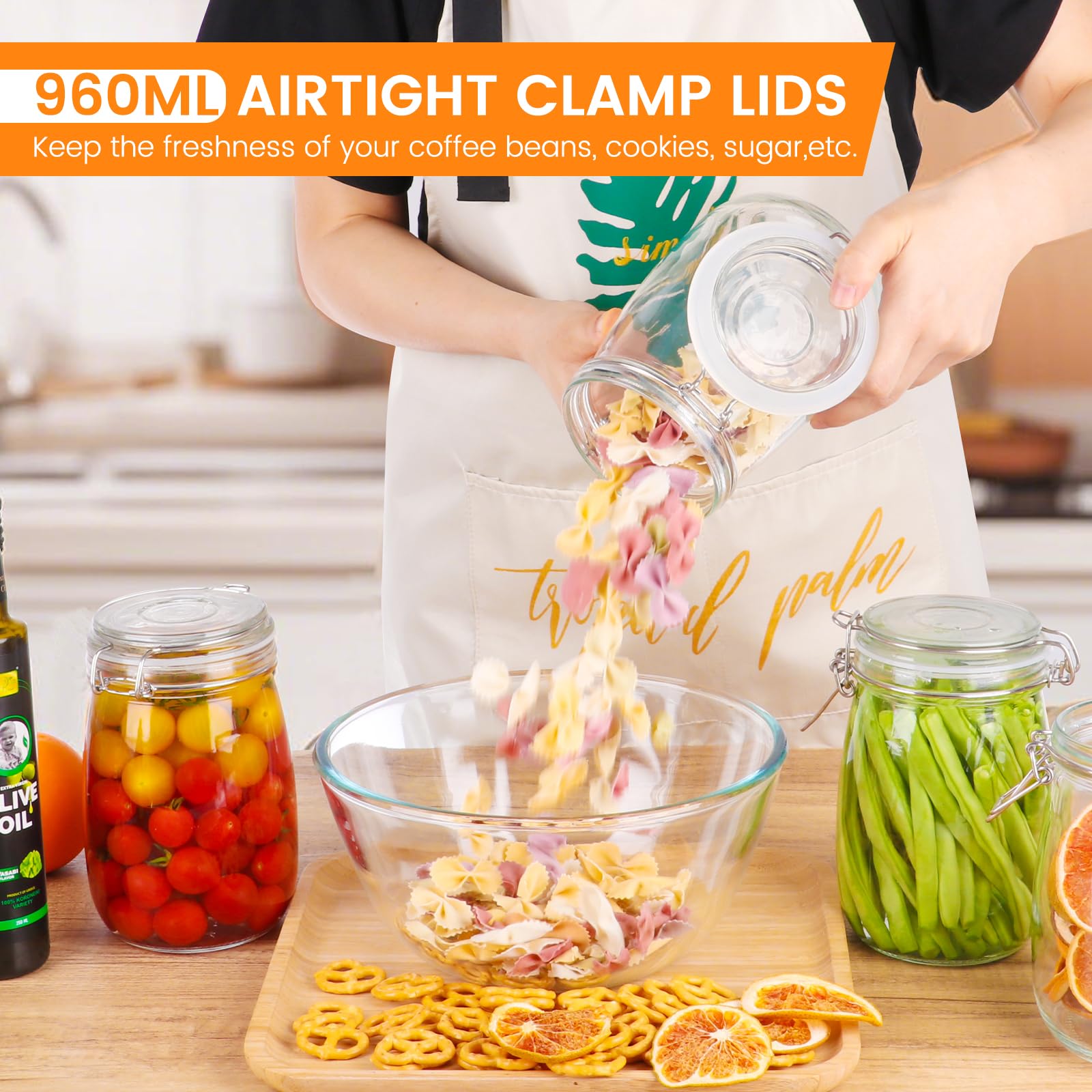 AuroTrends 32oz Glass Jars with Airtight Lid 4Pack, 960ML Large Kitchen Canisters with Leakproof Clamp Lids for Food, Flour, Pasta, Candy, Dog Treats, Snacks