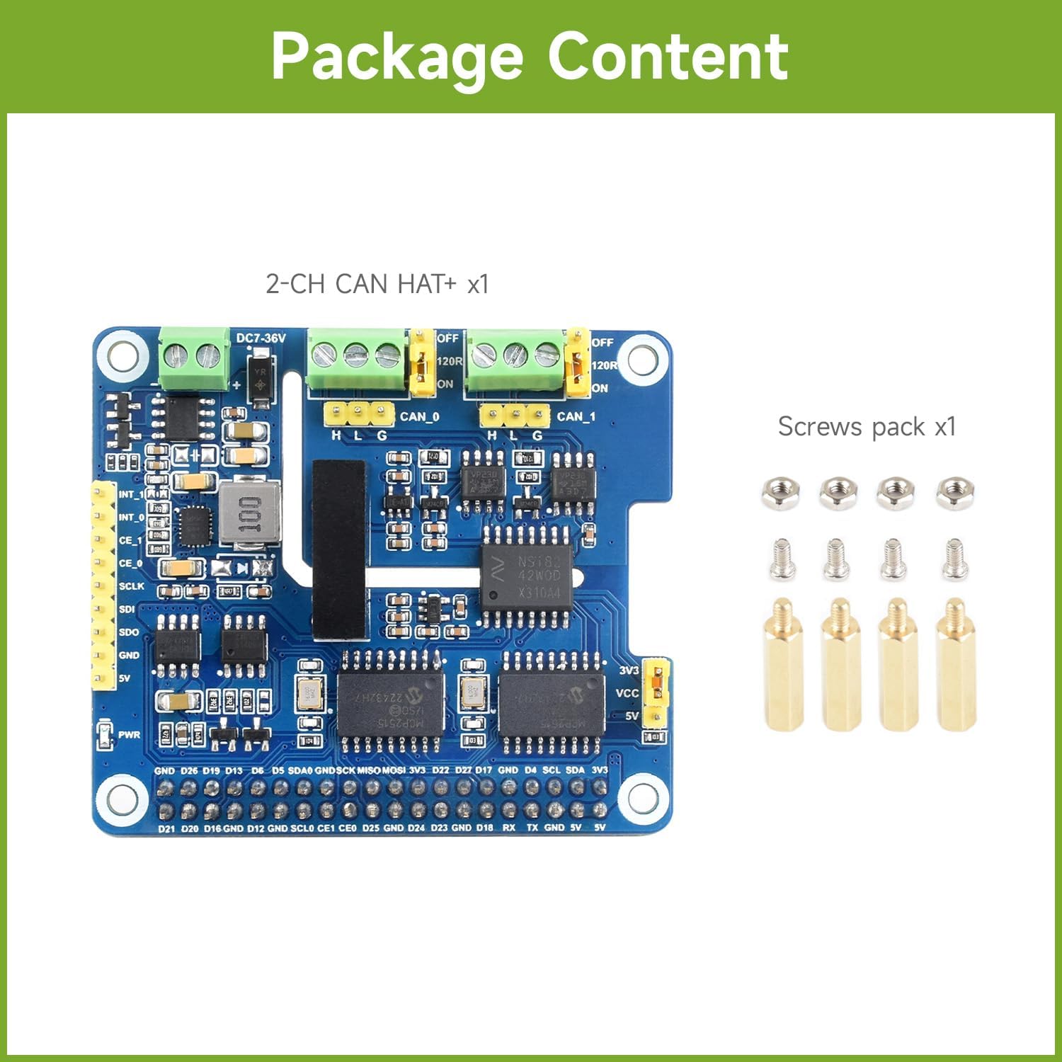 Waveshare 2-Channel Isolated CAN Bus Expansion HAT, Compatible with Raspberry Pi 5/4B/3B/Zero/Zero W/Zero 2W/Pico/Pico W/Pico WH, Dual Chips Solution, Built-in Multi Protections