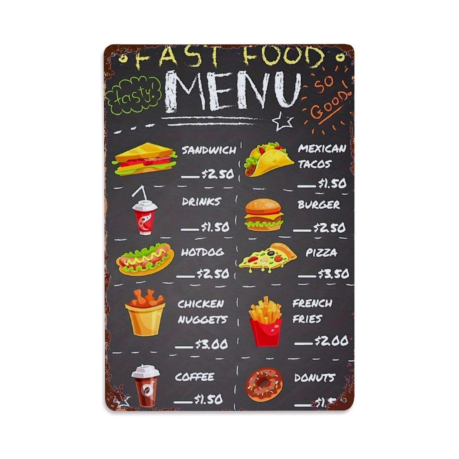 Fast Food Menu Design Pattern Retro Metal Tin Sign, Vintage Decor Art Poster for Bar, Home, Man Cave, Kitchen, Laundry Room Gift 8x12Inch
