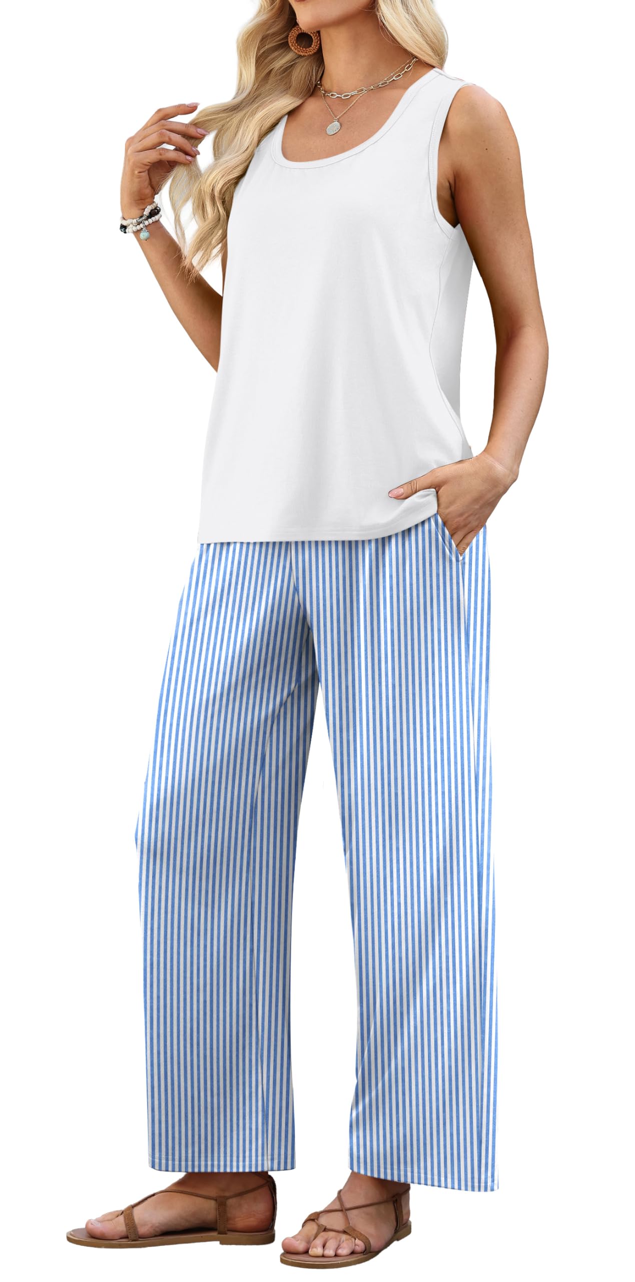 WIHOLL Two Piece Sets for Women Summer Spring Outfits Tank Square Neck Sleeveless Travel Vacation Lounge Wide Leg Pants Set — view 4