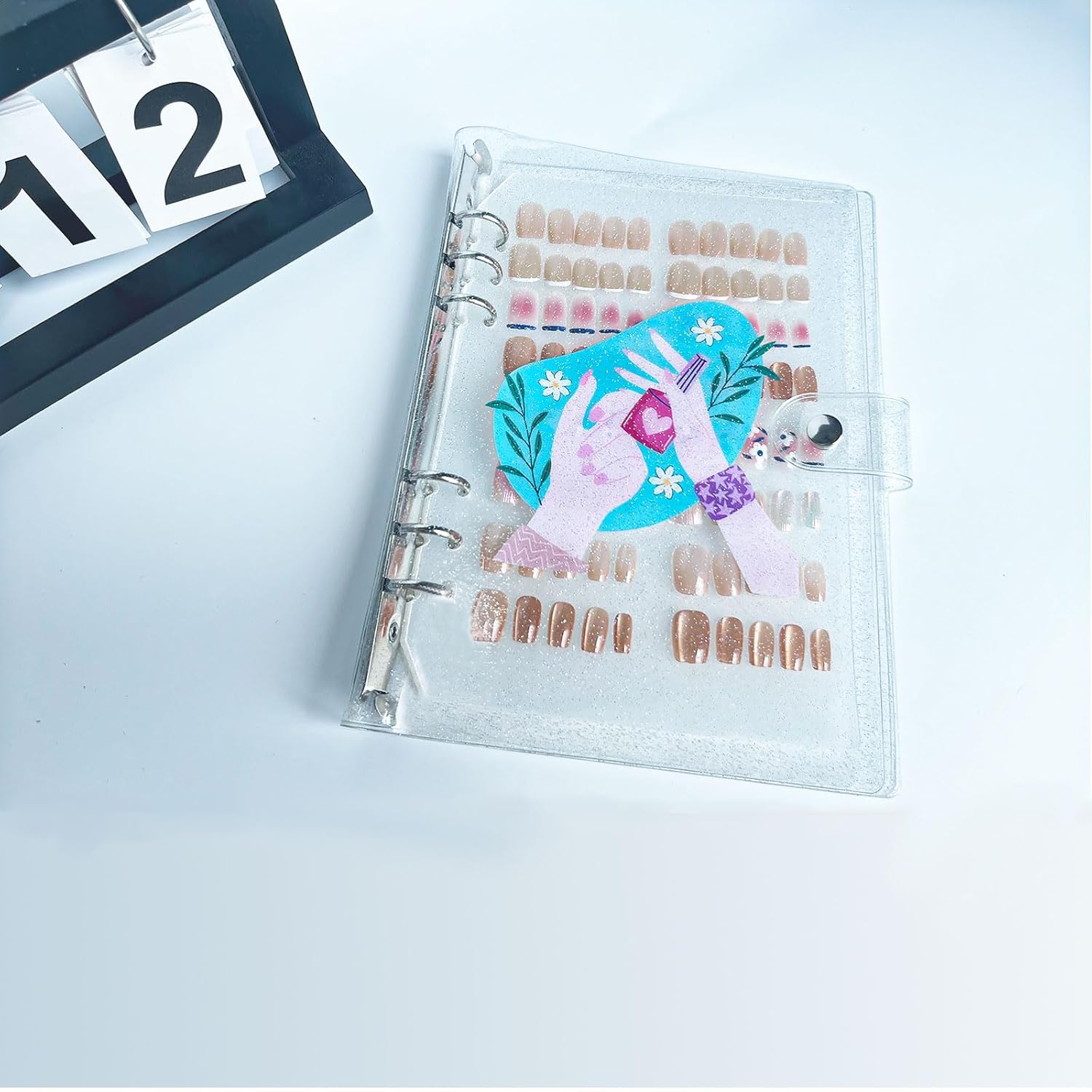Press On Nail Organizer,10 PCS,A5 Glitter PVC Cover Binder,Press On Nail Packaging for Fake Nail Storage Nail Display Nail Salon Press On Nail Supplies Organizer with Nail Tape(A5(9.37 * 6.89 * 1inch)