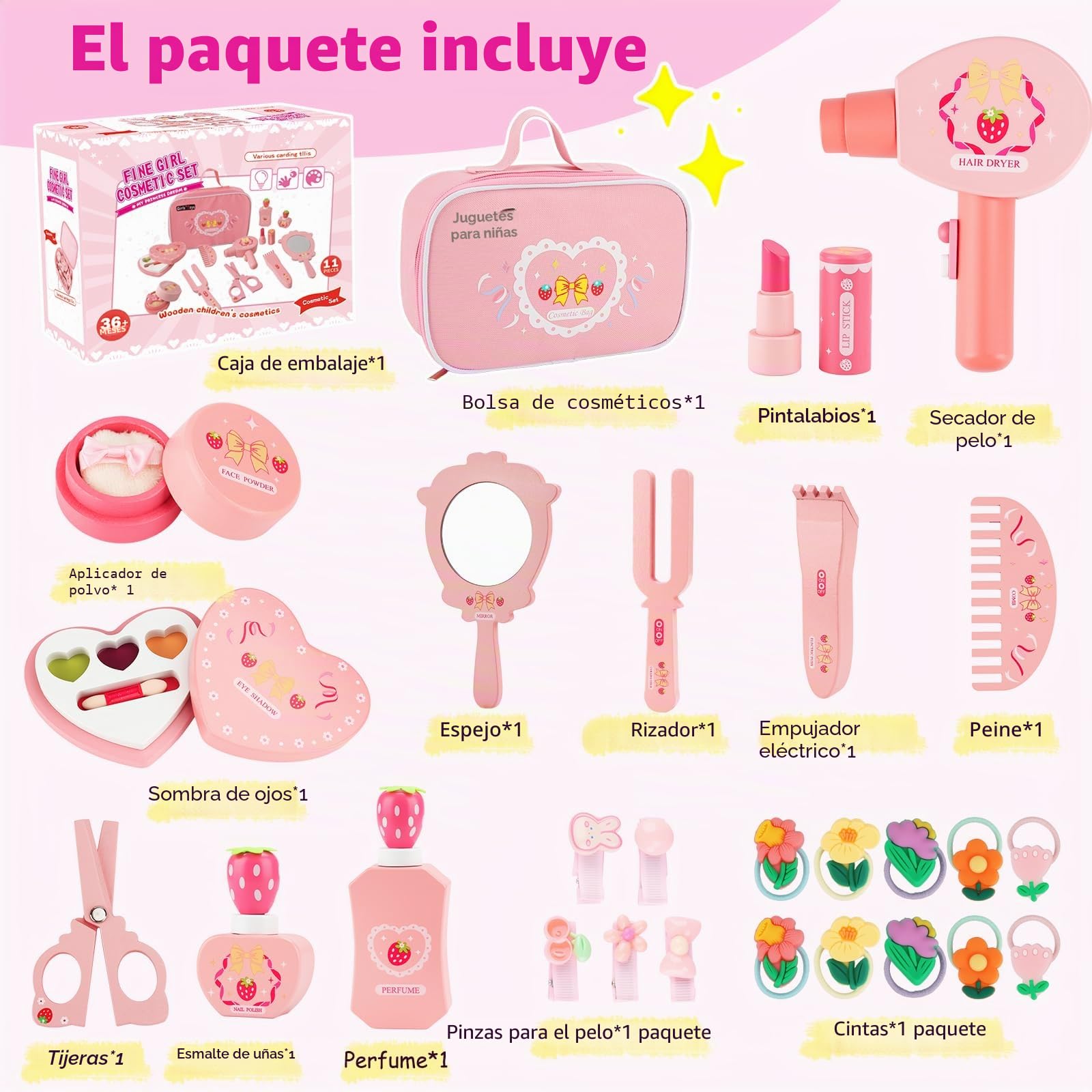 Set Maquillaje de Madera Niña,Juguetes de Belleza de Madera,Juguete de Maderas Juego de rol,Kit de Maquillaje Feating con Bolsa Comestic Accesorios Regalo Cumpleaños para Niños 3 4 5 6 Años