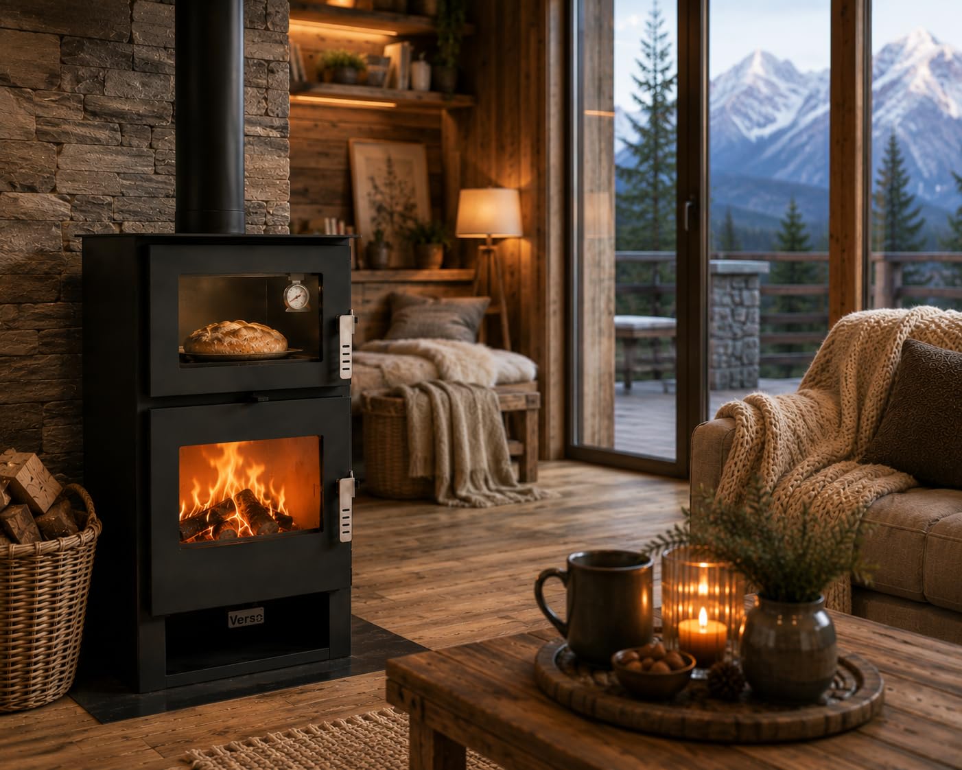 Verso F - Estufa de leña con estufa de acero inoxidable de 9 kW, 81,2% de alta eficiencia, chimenea de cocina y calefacción, horno de acero inoxidable con termómetro, placa superior de acero (sin
