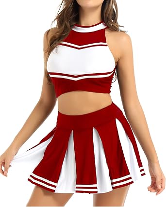 Womens Adults Cheer Leader Uniform Dress Cheerleading Outfits Crop Top with Mini Pleated Skirt