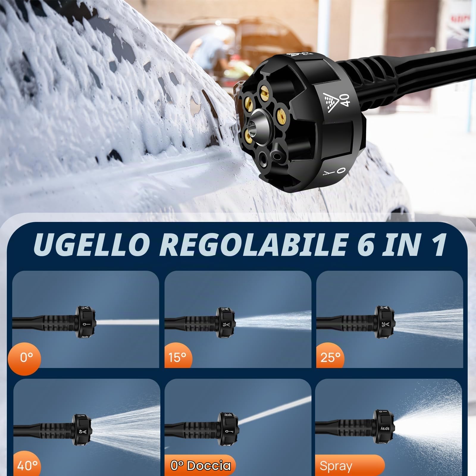 Idropulitrice portatile senza fili, 21 V, 45 Bar/652 PSI con 2 batterie da 3,0 Ah, ugello regolabile 6 in 1, tubo flessibile da 5 m, per pulizia e irrigazione di auto/pavimento/giardino
